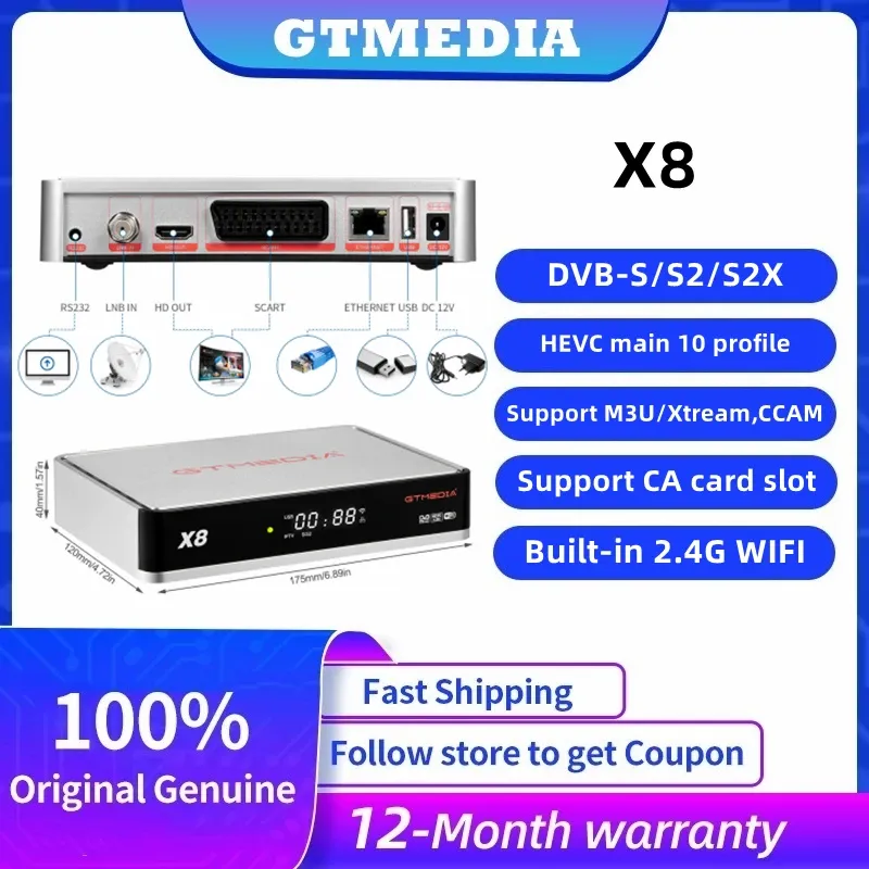 Receptores GTMedia X8 Receptor de satélite DVBS/S2/S2X T2MI H.265 Upgrade Wi -Fi de 2.4G da V8 Nova SettOp Box enviado da Espanha