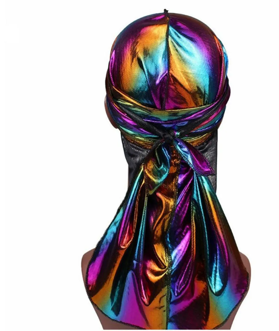 MenWomen Silk Laser Polyester Bandana Hat Durag do doo Rag Tail Headwrap Headwear Gift2991822