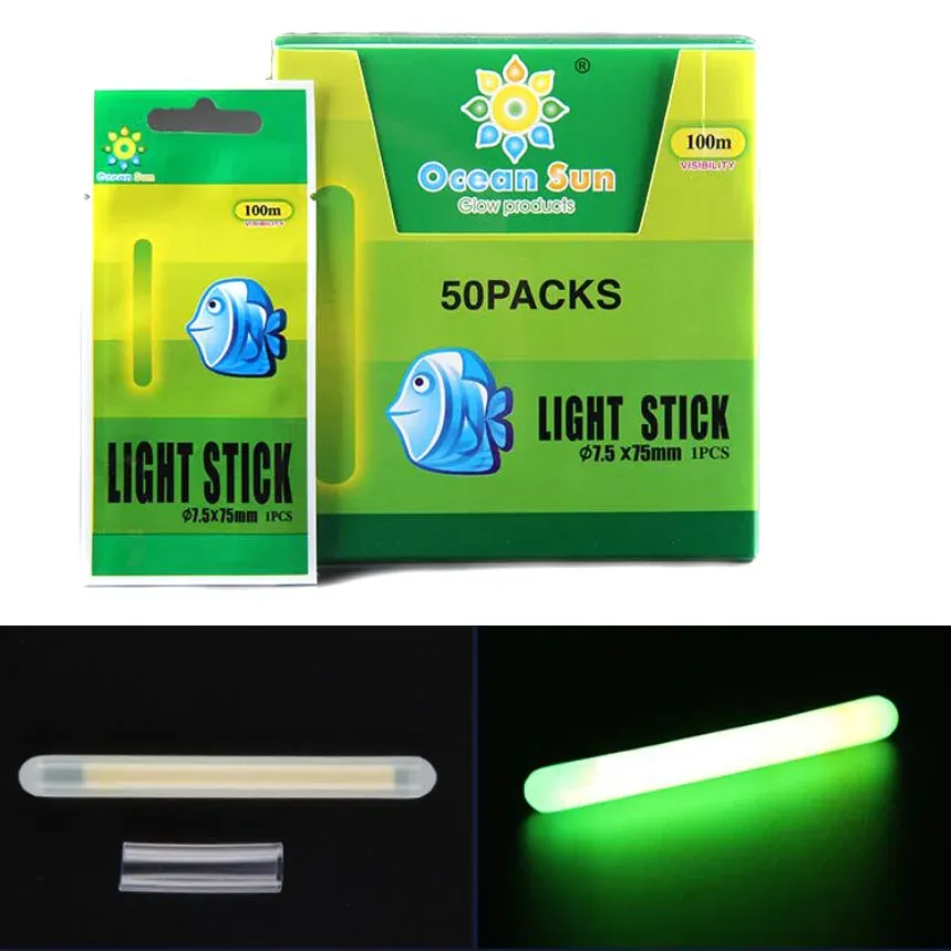 Accessoires 50 sacs / boîte 7,5x75 mm de pêche lumineuse Float de pêche à lampe de bâton de bâton vert Fillures fluorescentes Glow Stick Wand Fishing Float ACCESSOIRES