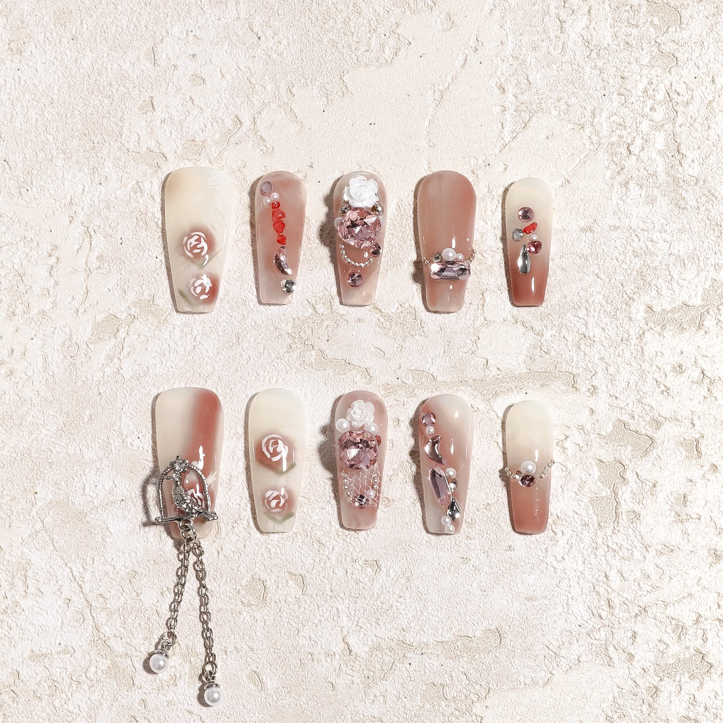 Sisful Pearl Rose -Chic Handmade Long Coffin -Accended Nails