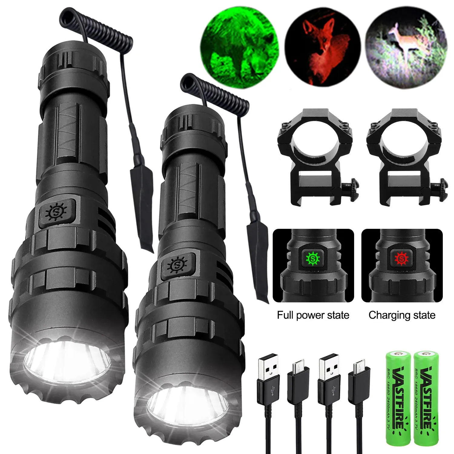 Scopes 2Sets 10W Tactical Hunting Flashlight L2 18650 Aluminum Waterproof Outdoor Rifle Scope Mount Weapon Light+Gun Clip+Tail Switch