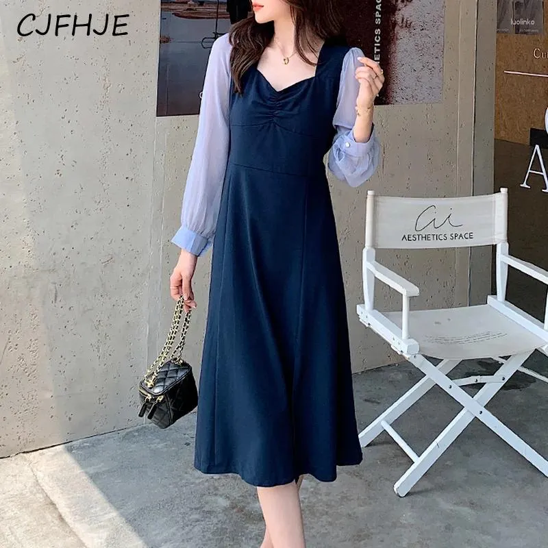 Casual jurken cjfhje elegante vintage midi jurk vrouwen Koreaans één stuk patchwork v-neck lange mouw avondfeest vrouw