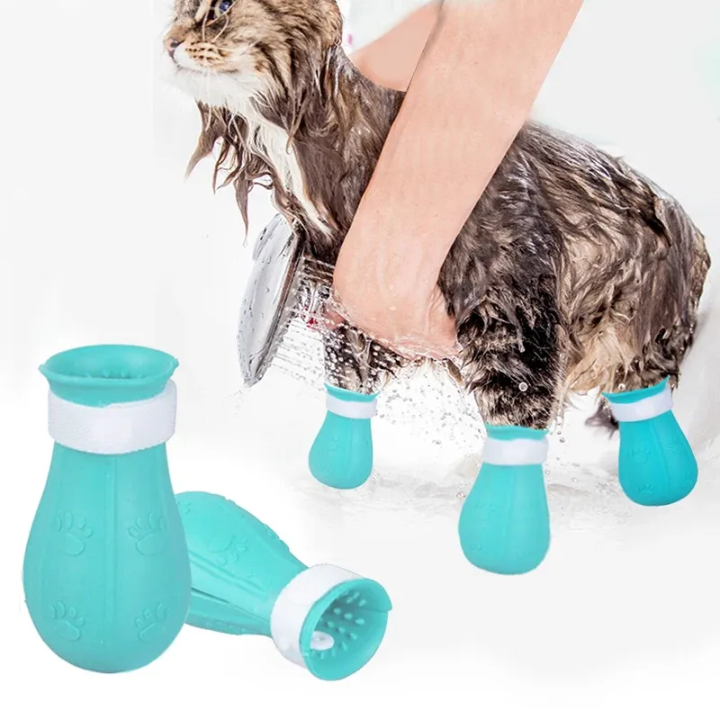 Pflege Katzenkrallenschutz Bad Antiskretch Katzenschuhe für Katze Verstellbare Haustierbadeswaschstiefel Katzenpfoten Nagelabdeckung Haustierpfeiler Vorräte