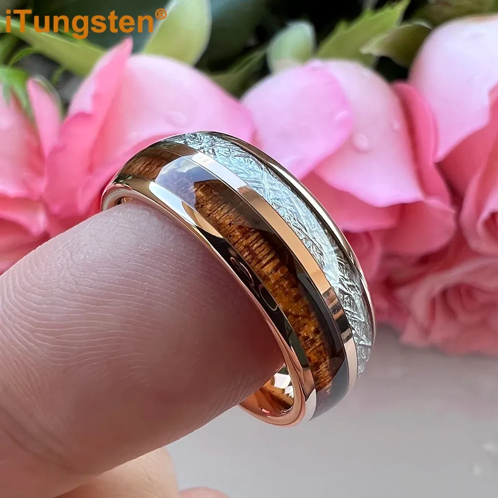 Bands iTungsten 8mm Tungsten Finger Ring for Men Women Engagement Wedding Band Koa Wood Meteorite Inlay Fashion Jewelry Comfort Fit