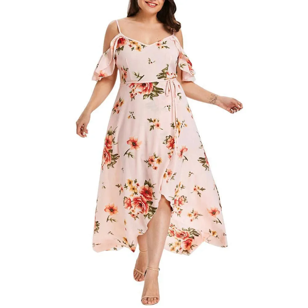 Большой размер 2024 летнее платье для женщин плюс пляжные каникулы сексуальная камизола цветочная юбка Негабаритное, богемское повседневное мини -платье 240411