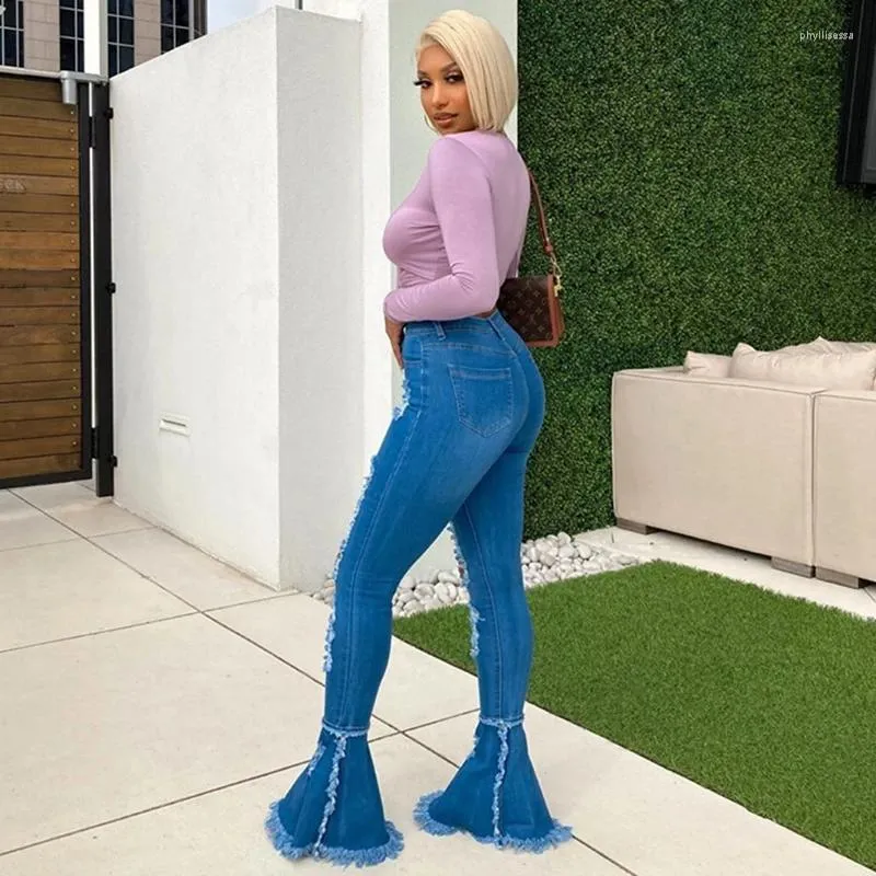 Frauen Jeans Frauen sexy lässige hohl aus solide hohe Taille Blue Flare Hosen weibliche dünne grundlegende Streetwear Bodycon All-Match-Hosen