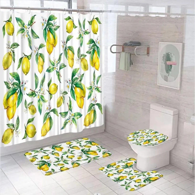 Duschvorhänge 4pcs Vorhang Sets Blumenfruchtblüten Blätter Vintage gelb nicht rutschfleckig Teppich Toilette Deckel Badematte Badezimmer Dekor Dekor Dekor