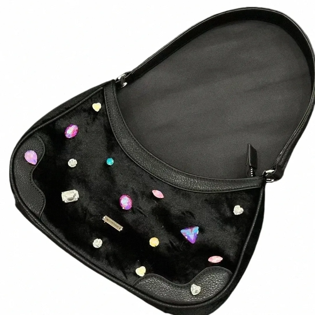 miyagawa Colorful Diamd Black Veet Leather Underarm Bag Korean Niche Single Shoulder Bags 2024 New Spicy Girl Handbag i78d#