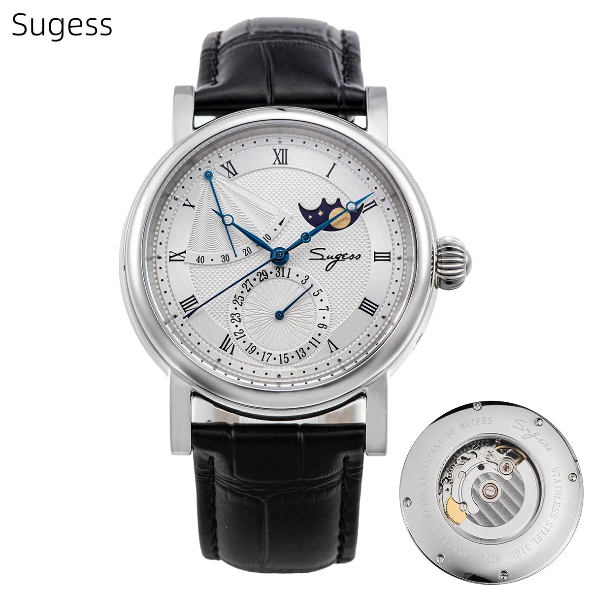 Montres Sugess Moon Phase's Watch Match Motch Motchical Motchical pour le mouvement Tianjin Sapphire Glass Water Résistant aux bracelets