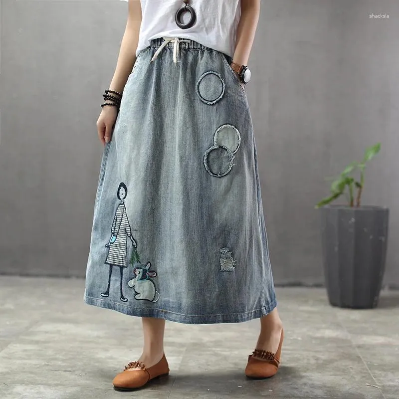 Skirts Ethnic Style Retro Print Little Girl Denim Skirt Female Patch Elastic Waist