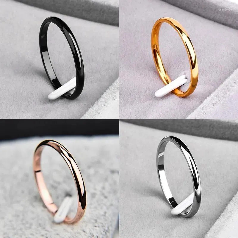 With Side Stones 2mm Men Women Thin Titanium Steel Ring Rose Gold Black Silver Color Engagement Smooth Simple Wedding Rings For Couple