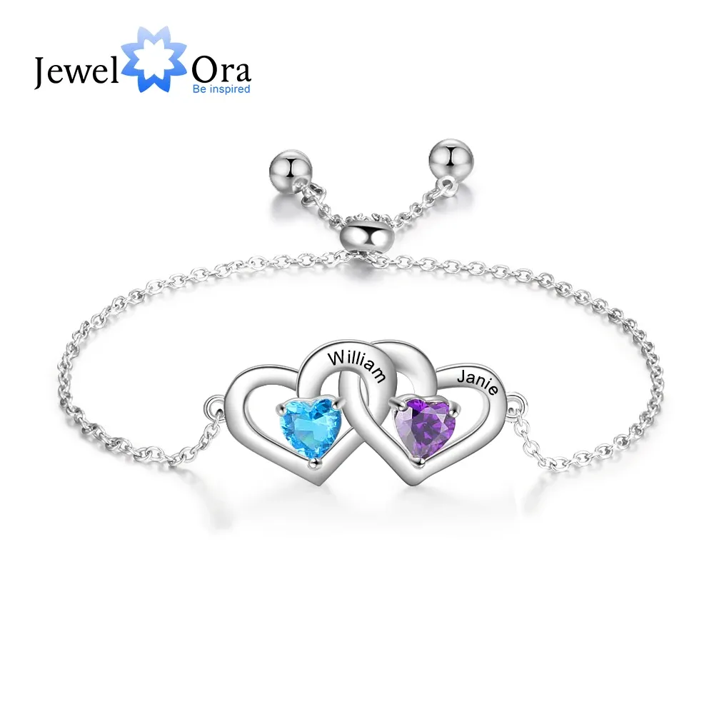 Bracelets JewelOra Customized 2 Birthstones Adjustable Chain Bracelet Personalized Intertwined Hearts Engraved Name Bracelets for Women