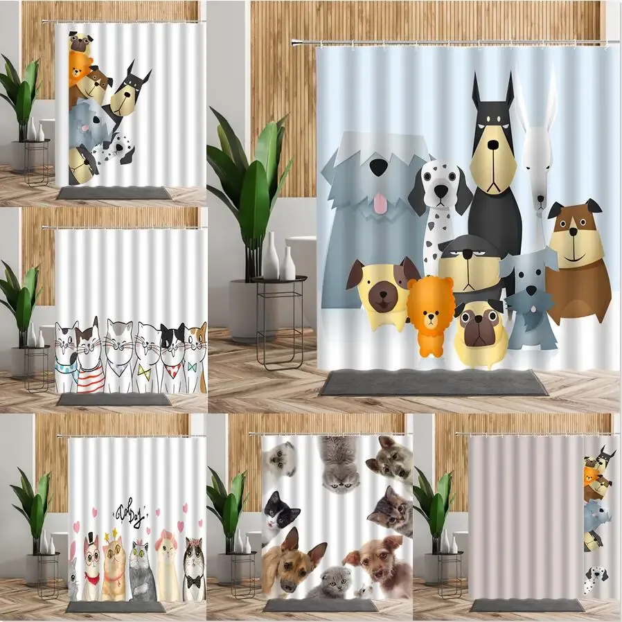 Curtains Cartoon Cute Animal Shower Curtain Set Cat Dog Anime Printed Bathroom Decor 3D Waterproof Bath Fabric Home Curtains For Children