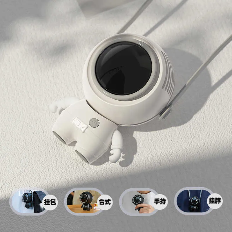 Draagbare luchtkoelers USB kleine ventilatorhals hangende handheld Lazy Mini Leafless Astronaut Small Electric Fan draagbare hangende touw 2024 Nieuw model Y240422