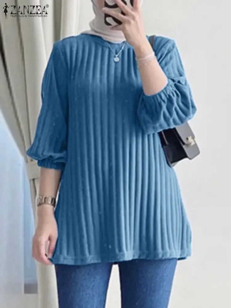 Clothing ZANZEA Women Fashion Ribbed Tops Summer Casual Solid Blouse Muslim Islamic Clothing 3/4 Sleeve Loose Vintage Party Shirt 2024
