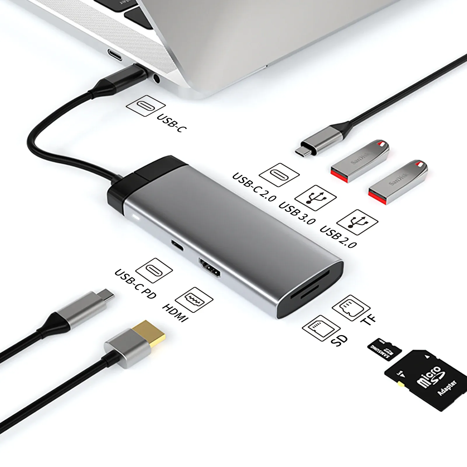 Hubs 7 i 1 navtyp C -dockningsstation till USB3.0 USB2.0 HUB Multiple Monitor Adapter PD 100W HDMI 4K USBC2.0 för MacBook Lenovo