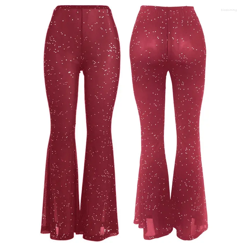 Frauenhose 2024 Sommer Wein Rot transparentes Weitbein Y2K Hosen sexy Hohe Taille Frauen Mode Flash Diamond Streetwear