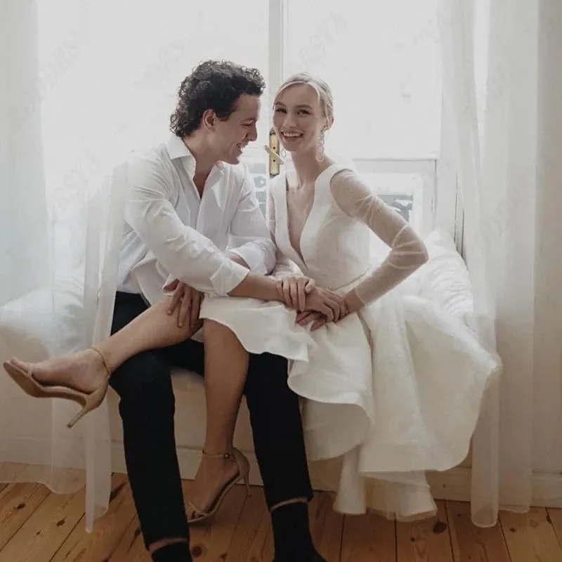 v neck knee length wedding dress Stretch Crepe 2026 Wedding Dress Long Ivory Short Sleeves V-neck