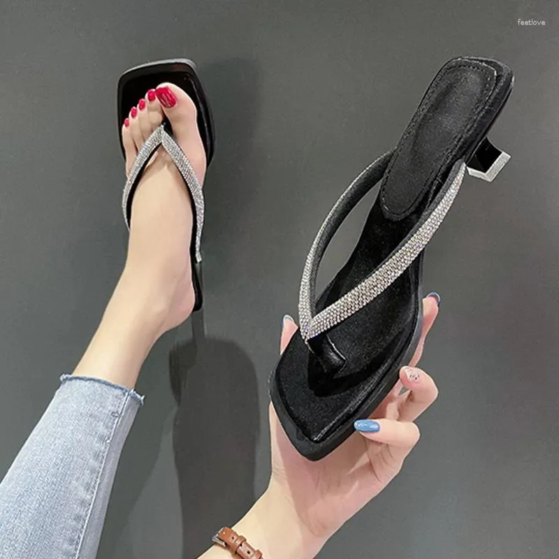 Slippers Square Toe Women Flip Flops Shoes Sandals الفاخرة 2024 Mid Heels Summer Pumps Dress Slides Mujer Slides