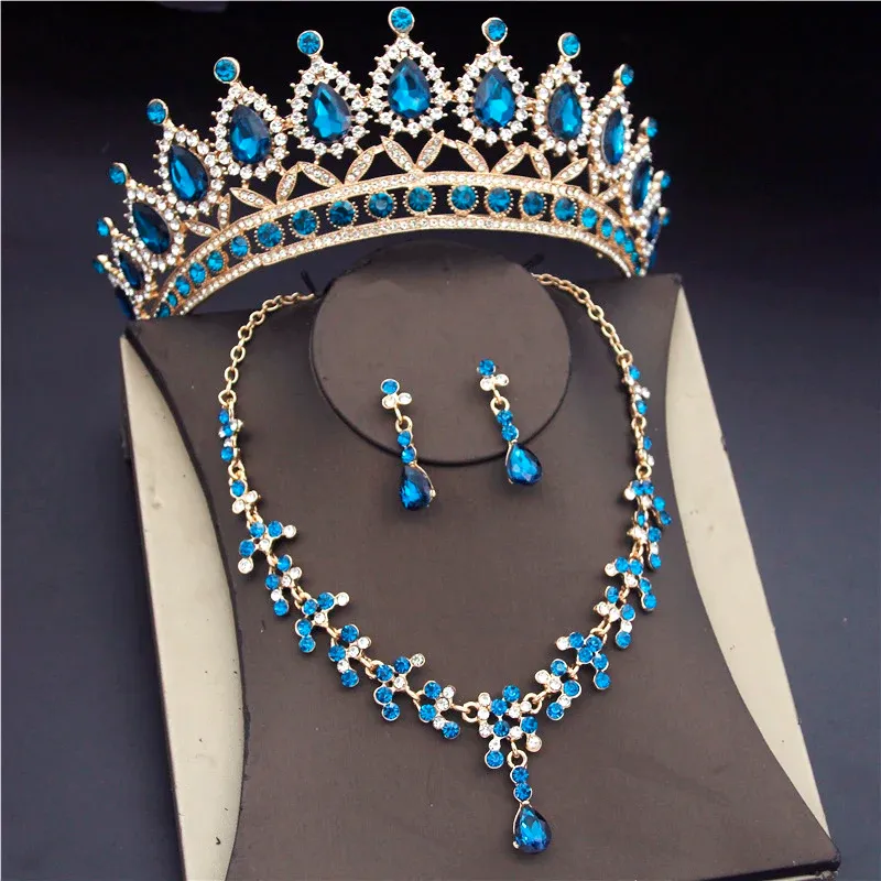 Halsband lyxiga blå kristall brud smycken set för kvinnor mode tiaras örhängen halsband set bröllop krona halsband brud set
