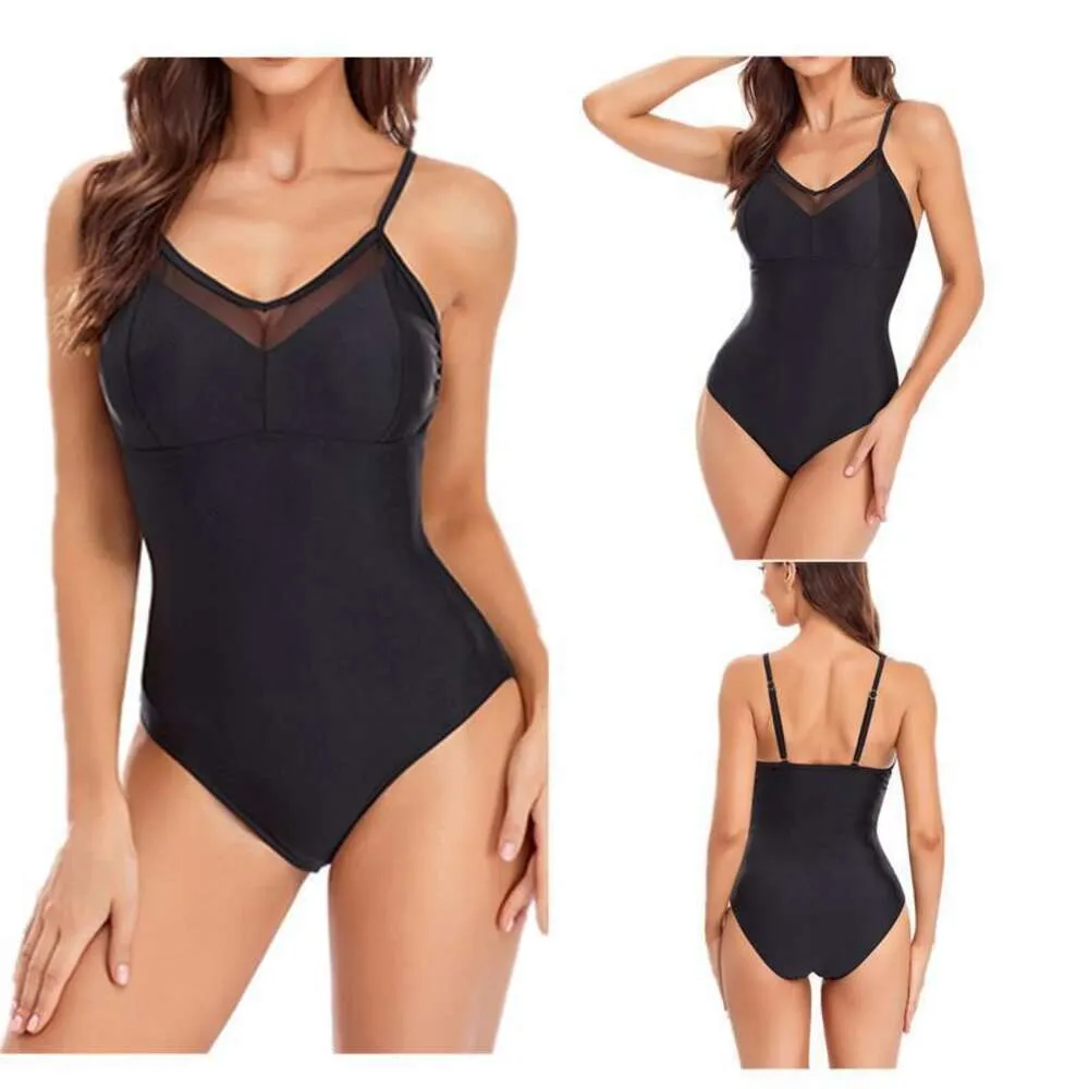 New Women's Conservative Swimwear Sexy Mesh Solid Color Swimwear One Piece Swimwear