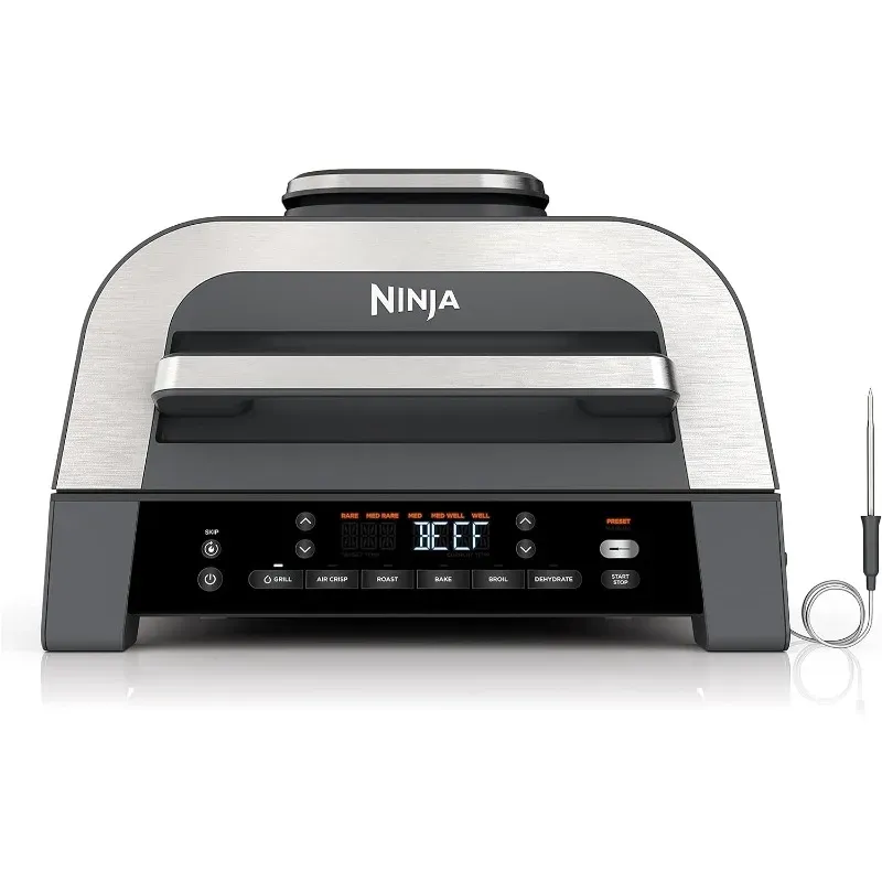 Controlla Ninja DG551 Foodi Smart XL 6in1 Grill interno con friggi d'aria, arrosto, cuocere, cuocere alla griglia deidrata, termometro intelligente Foodi, nero/argento