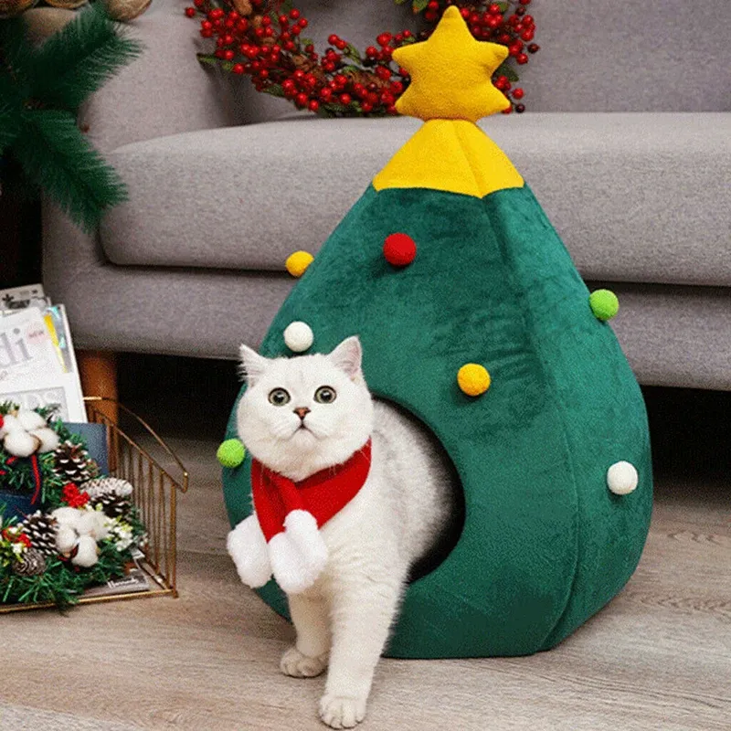 Mats Pet House Cat Christmas Tree Shape Bed Dog Nest Puppy Cave Washable Cat Mat Warm Soft Winter Cat House Pet Supplies Pet Bed