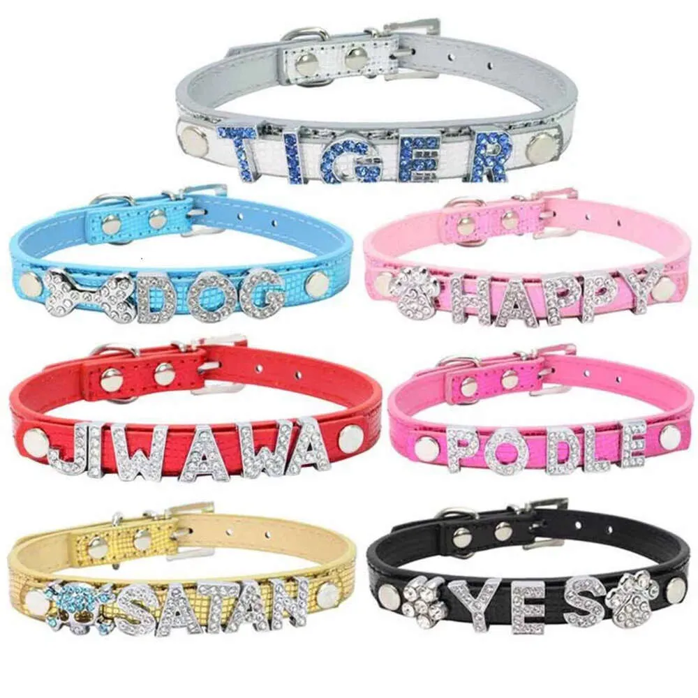 Rhinestone DIY Pet Dog Spersonalizowany list z nazwą Czarne PU skórzane kołnierzyka szyi na prezenty