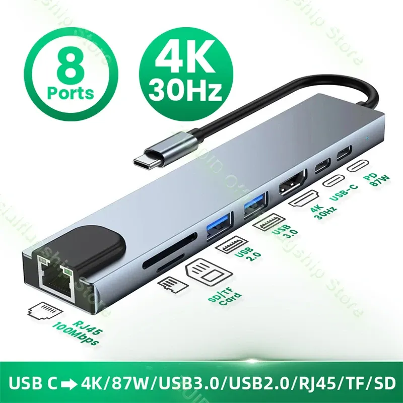 Hubs USB Typec Hub USB C à 4K RJ45 USB3.0 PD 87W Adaptateur de lecteur de cartes SD / TF pour MacBook iPad Pro Air M2 M1 Sparking Station Splitter