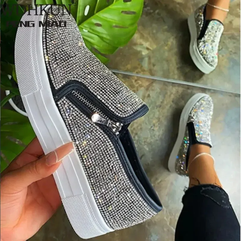 Mulher Sneakers Plataforma Vulcanizada Mulheres Bling Cristal Mocas de Cristal Autumn Flats Casuais Feminino Sapatos Esportivos Big Size 3543 240420