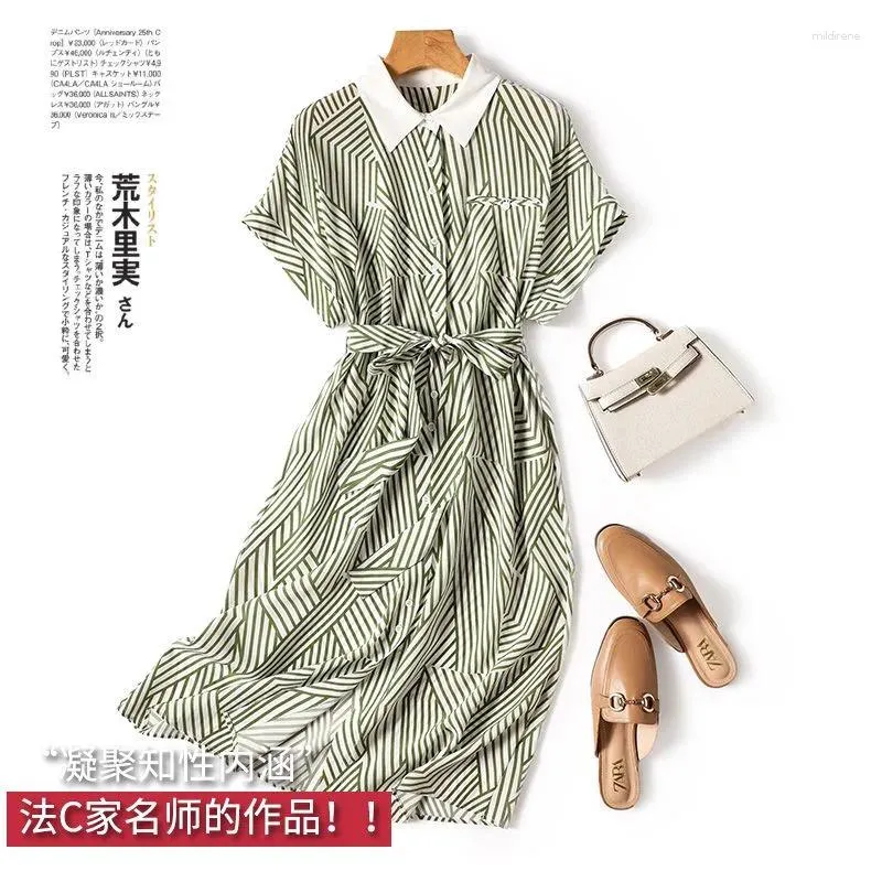 Sukienki imprezowe Limiguyue Summer Green Stripe Shirt Sukienka Kobiety z krótkim rękawem A-line Silk Office Single Breast Chifon Vestidos Z110