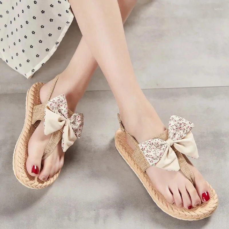 Casual Shoes Summer Flip-Flop Kvinnor Sandaler Cool Linne Bohemian Beach Sweet Floral Print Bow Luxury Women Designers