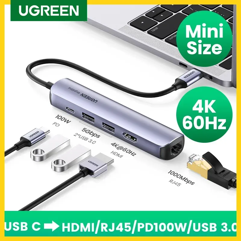 Hubs Ugreen USB C Hub Mini Size USB Тип C от 3.1 до 4K HDMI RJ45 USB 3.0 Адаптер USB C Dock для MacBook Pro MacBook Air 2020 PC USB Hub