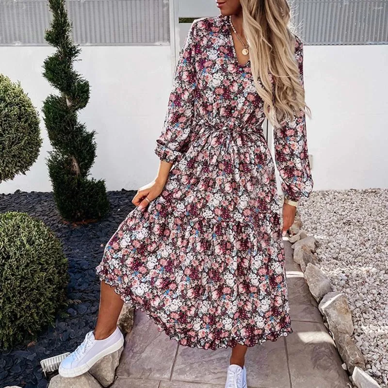 Robes décontractées imprimé floral boho femmes manches longues en V