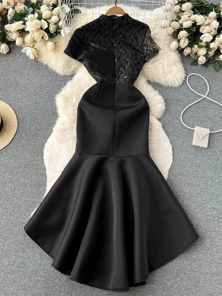 XFPV Women's A-Line Splice Irregular Short Sleeve Party Dress - Short Sleeved High Waist Black Evening Gown for Spring/Summer Fashion (SN003 241122)