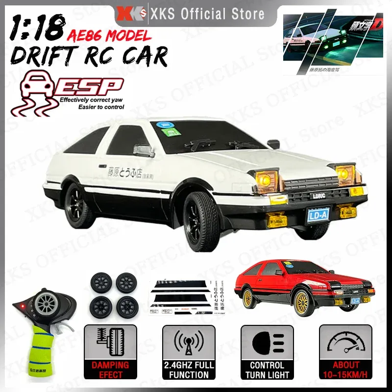 Samochód Toyta AE86 Model RC Car 1/18 2.4G Pilot Control AWD na drodze 15 km/h ESP Gyroscope LED RC Drift Racing Car Prezent dla chłopca