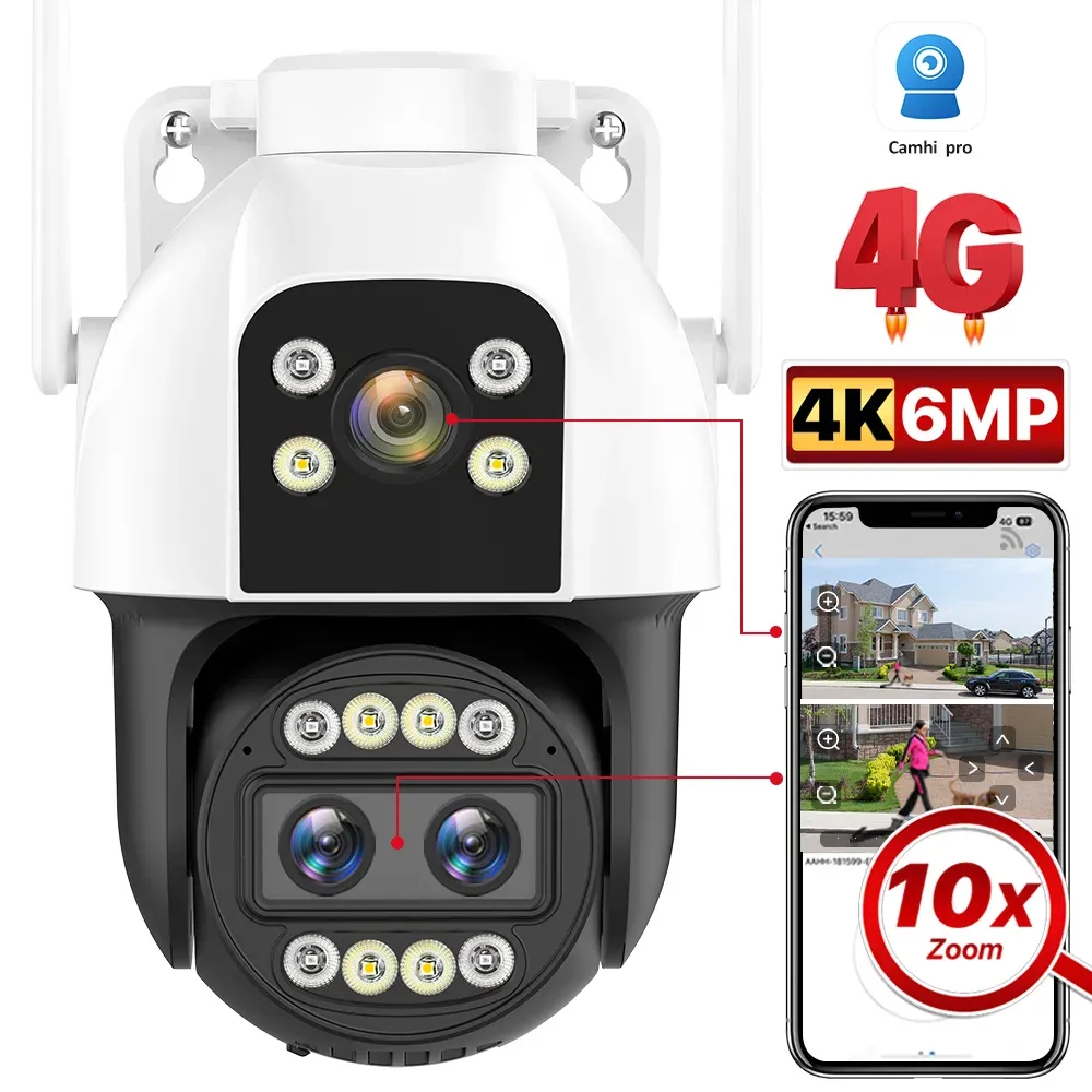 Cameras 4K HD 4G Wifi IP Camera 10X Zoom Three Lens Dual Screen Outdoor Auto Tracking Sim Card Camera IR Night Vision Video Surveillance