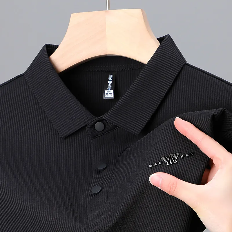 Camisa de pólo masculino e solto de verão, camisa de seda de seda de seda de seda curta sólida