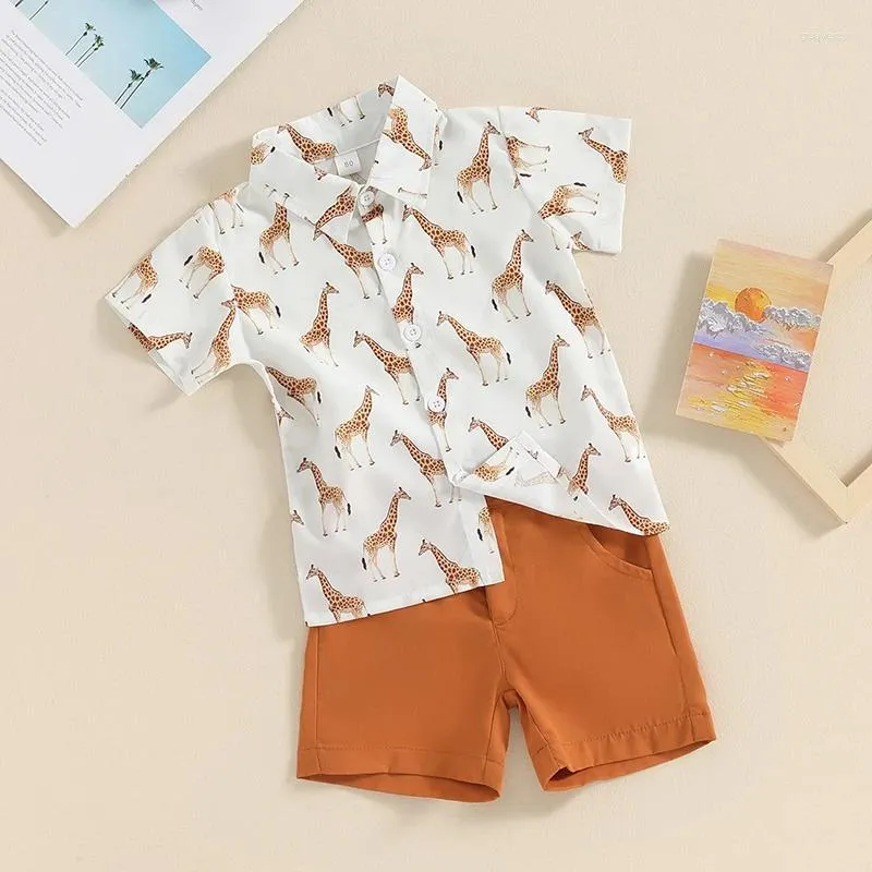 Kleidungssets TREGREN TODDDLER BAMEN Jungen Gentleman Outfit Cartoon Giraffe Print Kurzärärmische Knopf Hemd Tops und Shorts Set für formelle Verschleiß