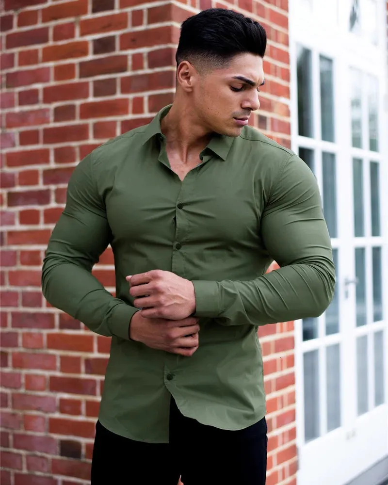 Autumn Fashion Long Sleeve Shirt Men Super Slim Fit Male Casual Social Business Dress Brand Fitness Sports Clothing 240418