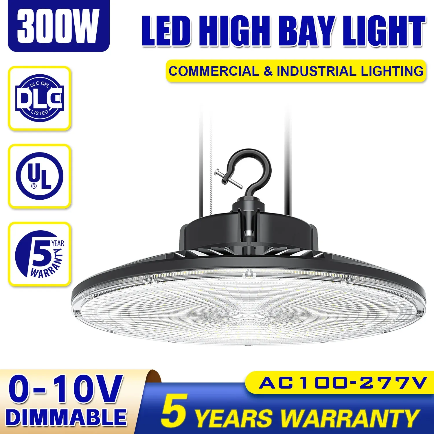 300W UFO LED High Bay Light 0-10V DIMMABLE IP65 UL DLC وافق 5000K على الإضاءة ورشة عمل مستودع داي.