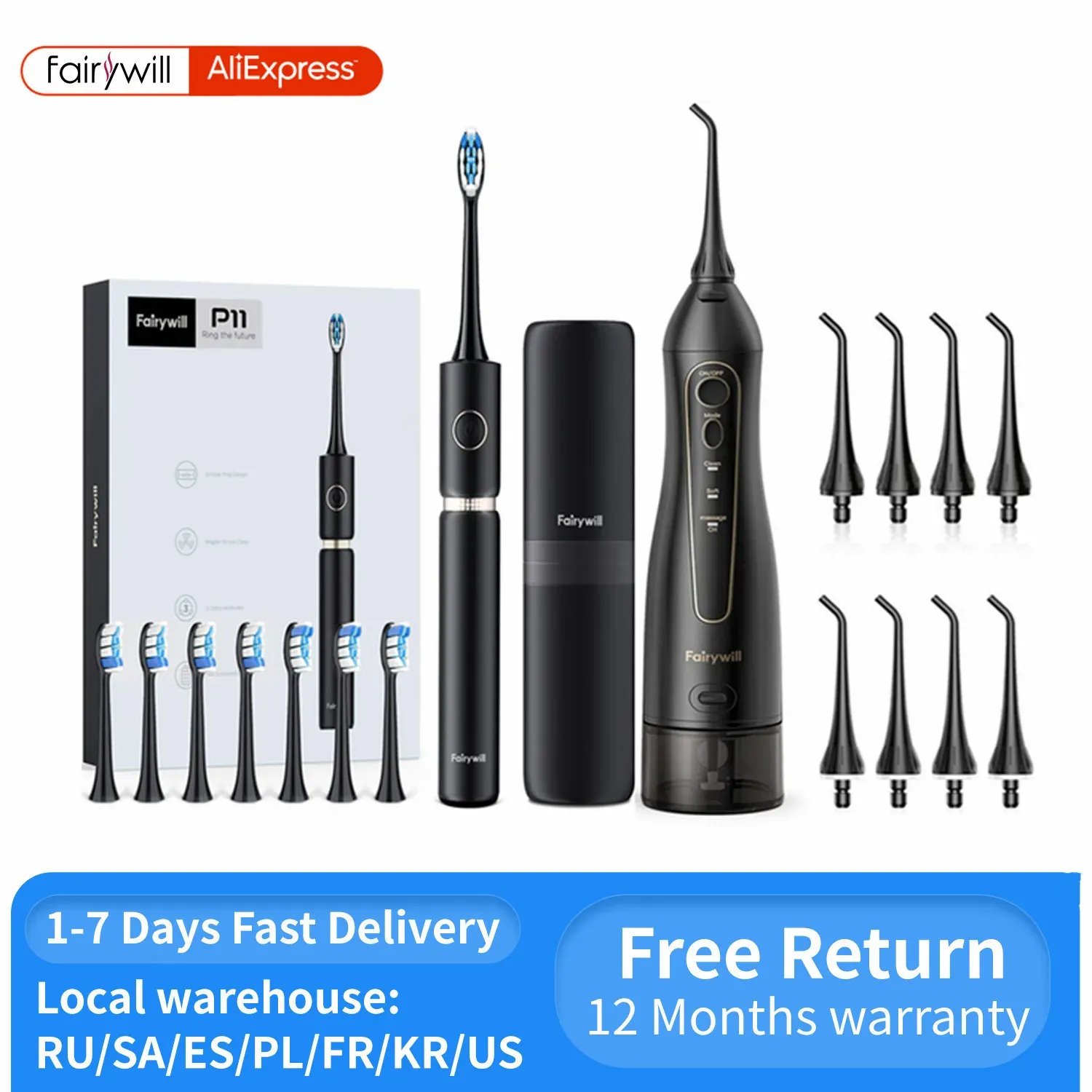 Cabeças Fairywillwill elétrico de dentes de dentes de dentes elétricos FLOSSOR DE ÁGUA DA CHANGE USB PROMUTA ÁGUA 5 MODOS 3 CABELAS CABELAS EBRAS DE DEDOS LIMPOR DE DEDOS