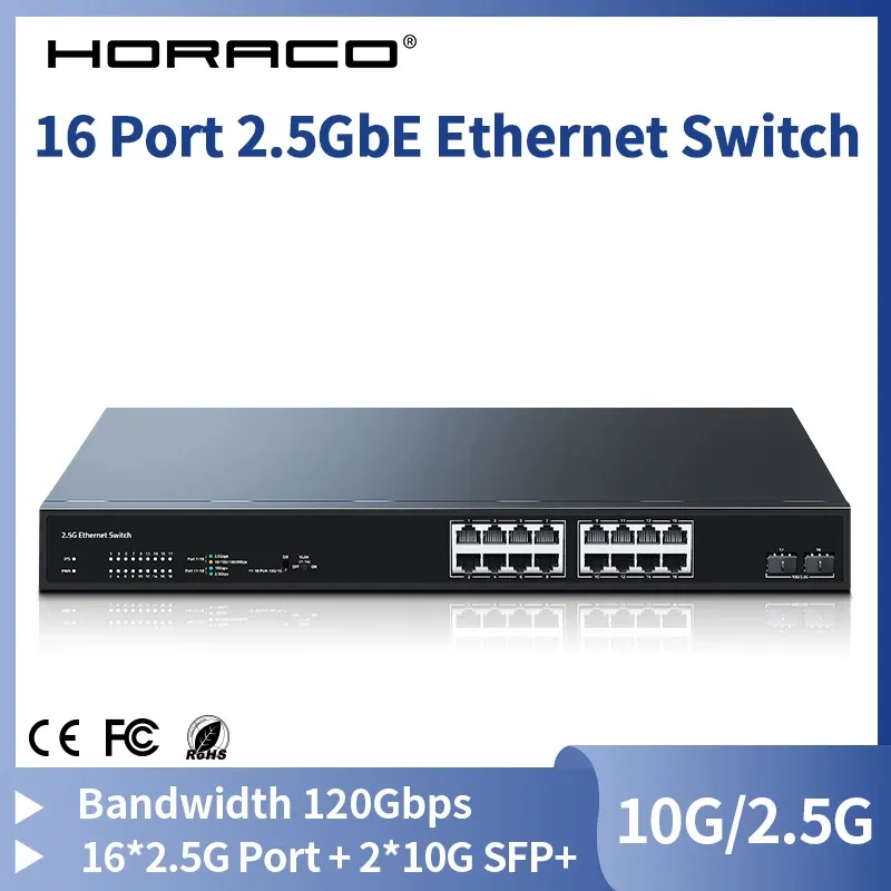 スイッチHoraco 16ポート2.5GBEイーサネットスイッチ2ポート10G SFP+スロットネットワークスイッチ120G帯域幅ネットワーキングハブインターネットスプリッター