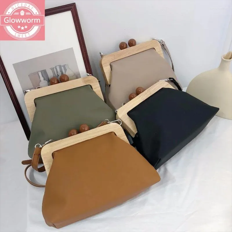 Bag Vintage Wooden Clip Women Shoulder Bags Luxury Pu Leather Crossbody Designer Lady Messenger Clutch Purse Bolso Femenino