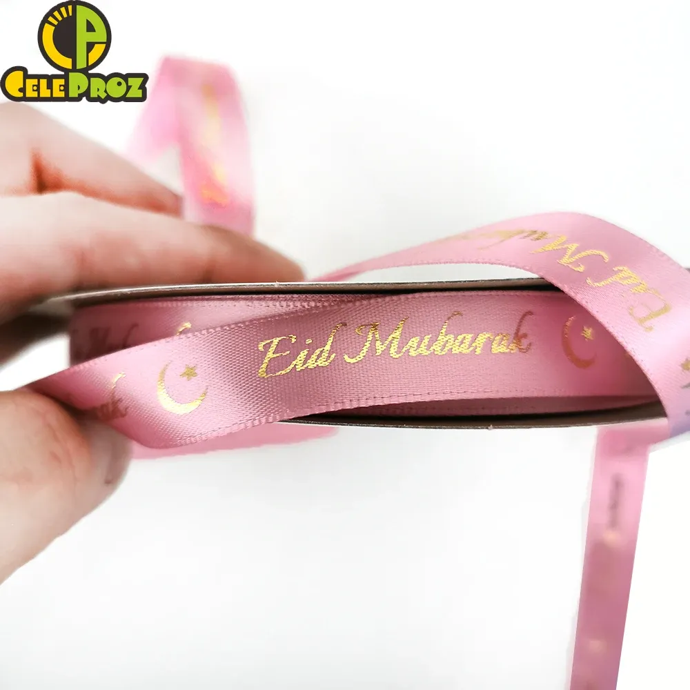 Kläder Eid Mubarak Ribbon Custom Printing Arabiska muslimska Ramadan Favor Box Wrapping Satin Strip Islamic Pilgrimage Plagment Accessoires