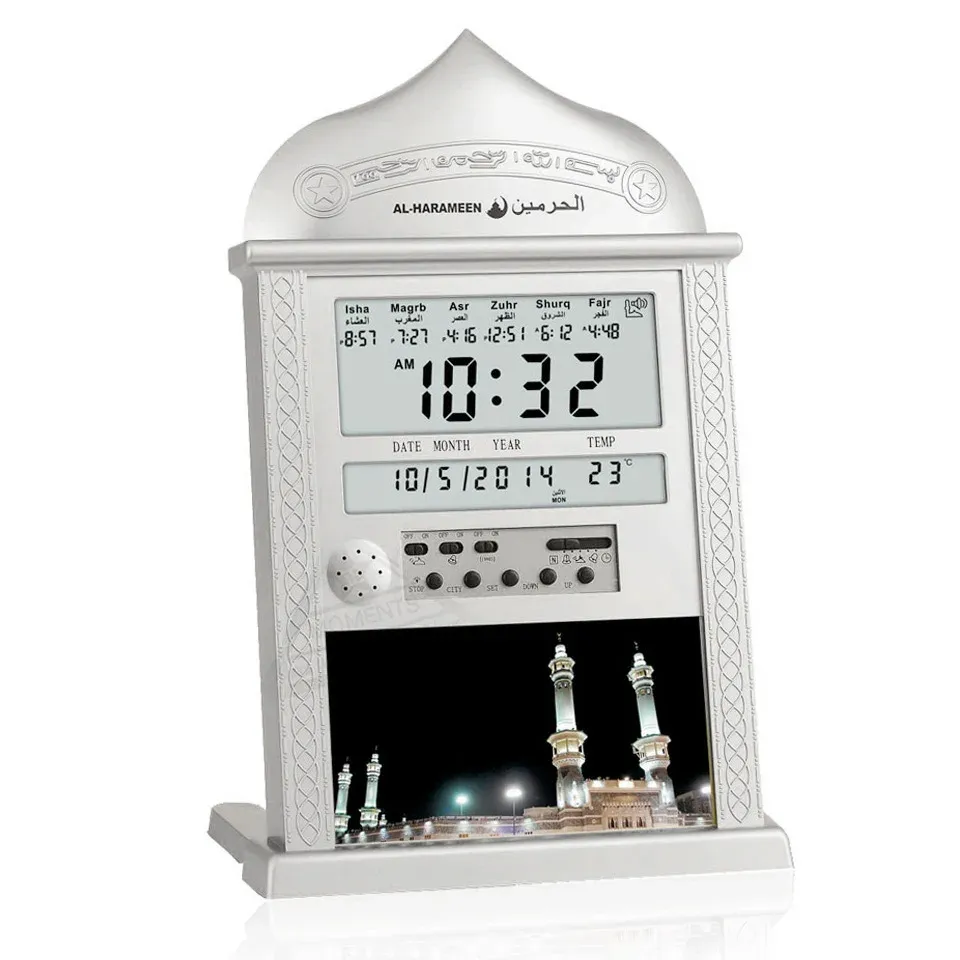 Vêtements horloge azan pour la table murale de la mosquée musulmane Temps avec Qiblah Hijri Calendrier et température Toutes les prières de l'islam