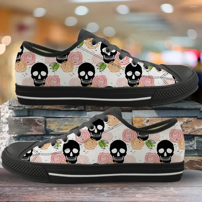 Casual schoenen Gothic Skull Rose Print Flats Classic Fall Lace-Up Canvas Ladies Lichtgewicht niet-slip comfortabele sneakers chaussure femme