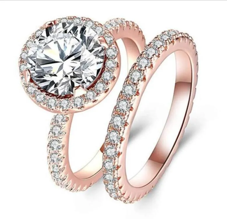 Casal Rings 2pcs vender jóias de luxo 925 Corte redondo de prata esterlina grande topázio branco cz diamante sona feminina casamento rin26663431