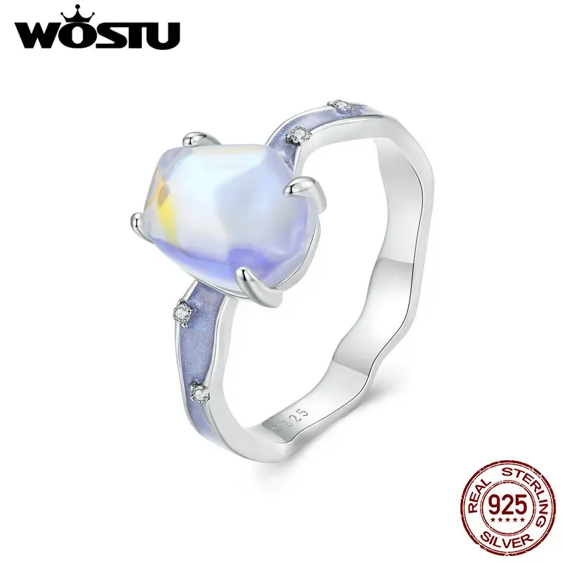 Anneaux Wostu Real 925 Ring de doigt en argent sterling pour les femmes Rainbow Crystal Aurora Rings Party Wedding Anniversary Gift Bijoux