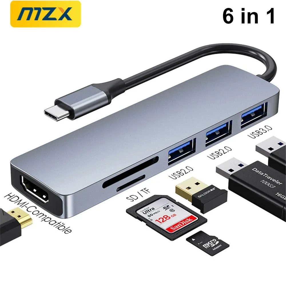 Hubs Mzx 6in1 станция док -станции тип C к Hdmicabatible 4K SD TF Card Reader Docking USB Hub 3 0 2.0 3.0 Концентратор Tipo Extension